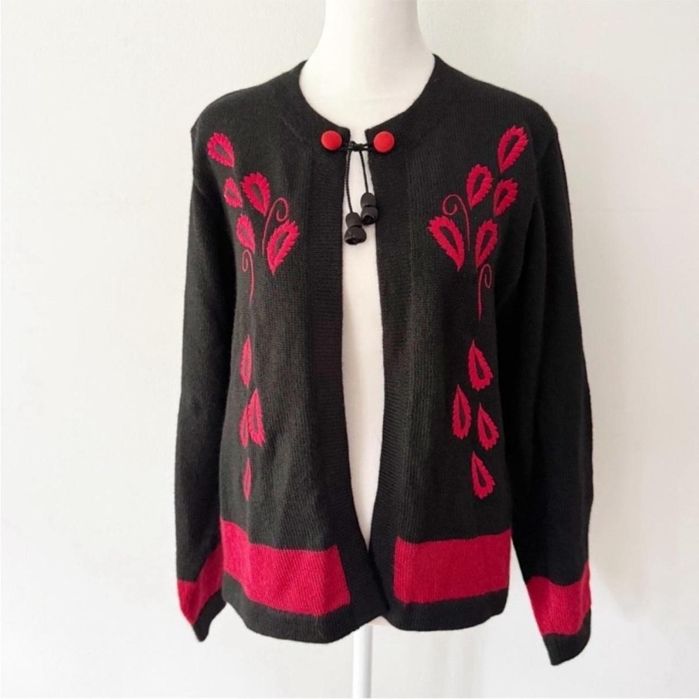 Vintage Alpaca Style Cardigan Women M Black Red Embroidered Tassel Boho Folk